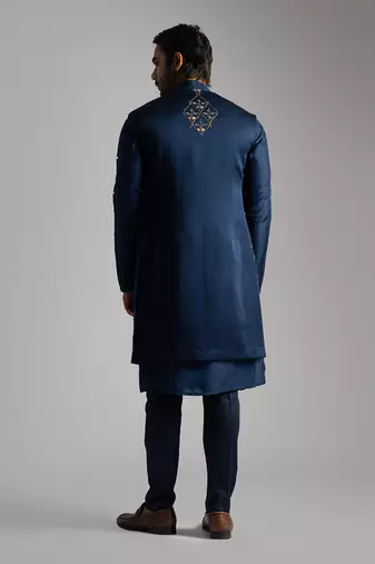 Blue mirrorwork long open nehru jacket set
