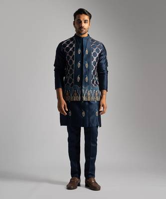 Royal blue chanderi nehru jacket set 1