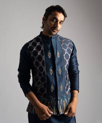 Royal blue chanderi nehru jacket set 2