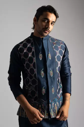 Royal blue chanderi nehru jacket set