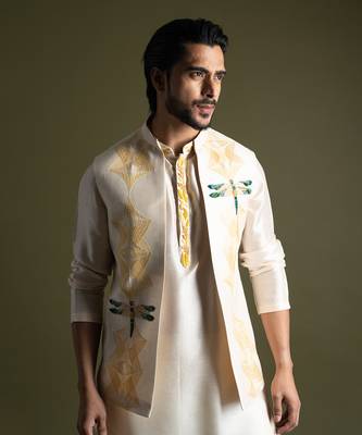 Cream thread work open nehru jacket set 2