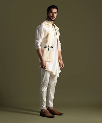 Cream thread work open nehru jacket set 3