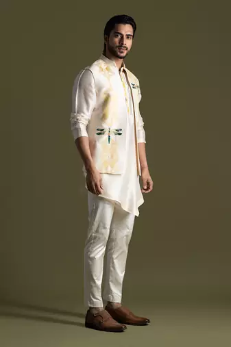 Cream thread work open nehru jacket set