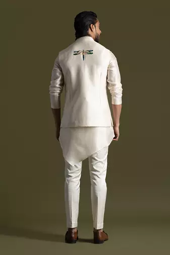 Cream thread work open nehru jacket set