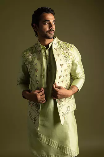 Pistachio green open nehru jacket set
