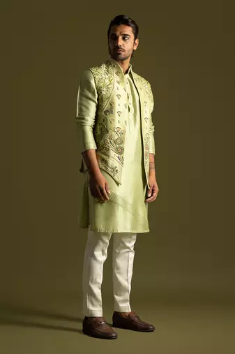 Pistachio green open nehru jacket set
