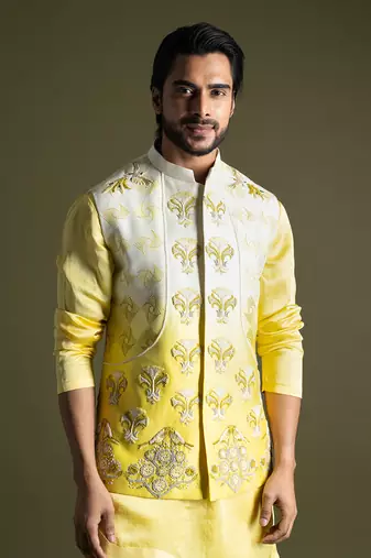 Cream & yellow ombre nehru jacket set