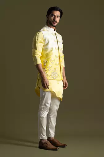 Cream & yellow ombre nehru jacket set