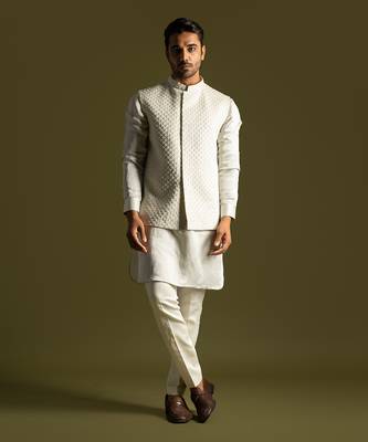 Grey embroidered linen satin nehru jacket set 1