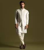 Grey embroidered linen satin nehru jacket set