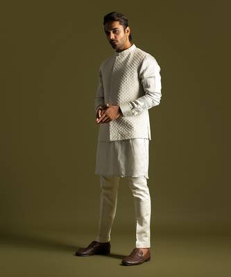 Grey embroidered linen satin nehru jacket set 2