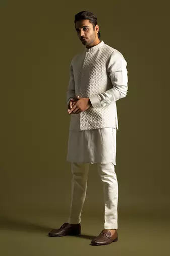 Grey embroidered linen satin nehru jacket set