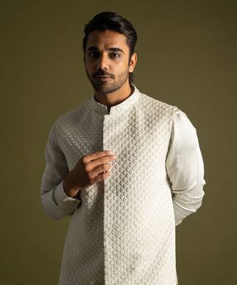 Grey embroidered linen satin nehru jacket set 3