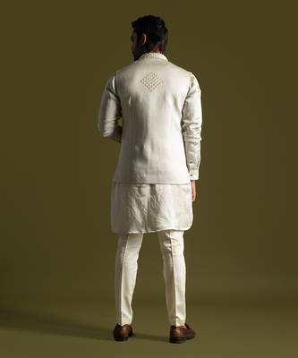 Grey embroidered linen satin nehru jacket set 4