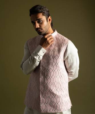 Dusty pink linen satin nehru jacket set 2