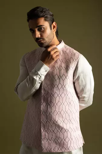 Dusty pink linen satin nehru jacket set