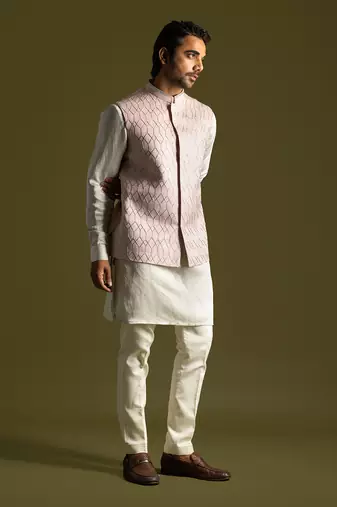 Dusty pink linen satin nehru jacket set
