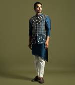 Teal blue silk nehru jacket