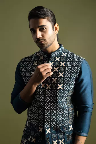 Teal blue silk nehru jacket