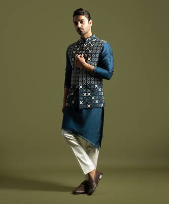 Teal blue silk nehru jacket 3