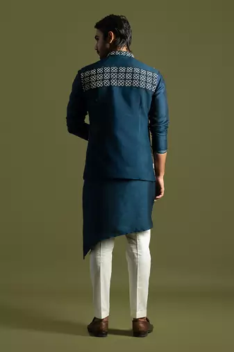 Teal blue silk nehru jacket