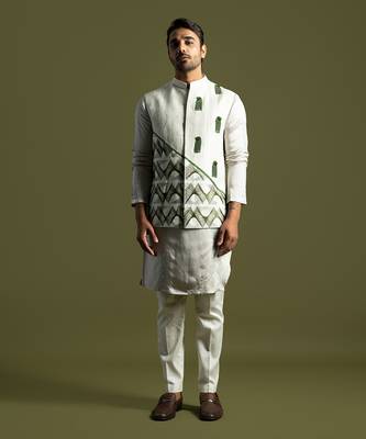 Oyster grey thread work nehru jacket 1