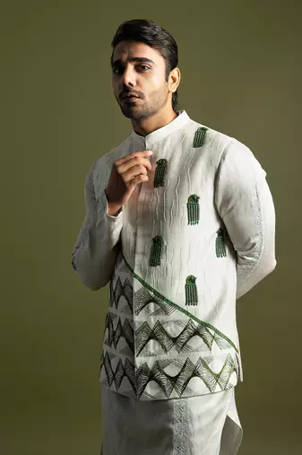 Oyster grey thread work nehru jacket
