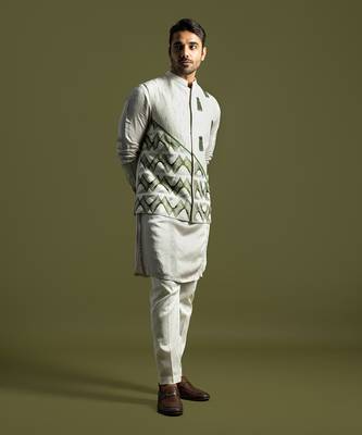 Oyster grey thread work nehru jacket 3