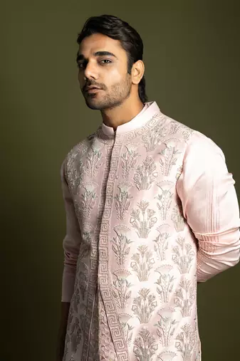 Baby pink chanderi nehru jacket