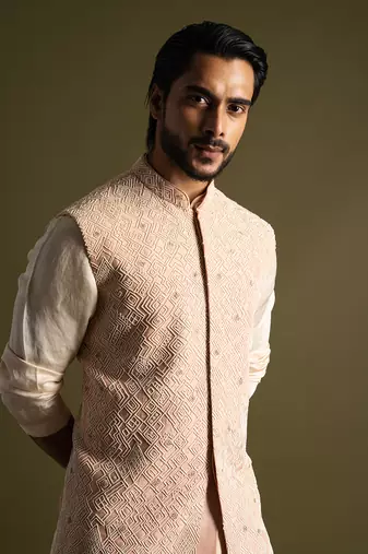 Peach silk nehru jacket