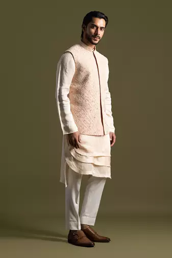 Peach silk nehru jacket