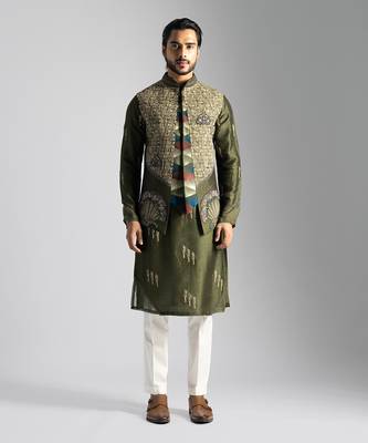 Olive green embroidered nehru jacket 1