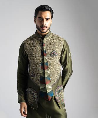 Olive green embroidered nehru jacket 2