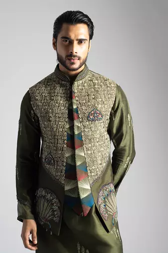 Olive green embroidered nehru jacket