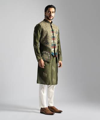 Olive green embroidered nehru jacket 3