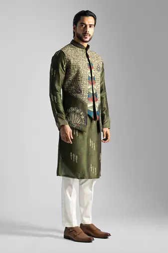 Olive green embroidered nehru jacket