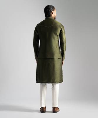 Olive green embroidered nehru jacket 4
