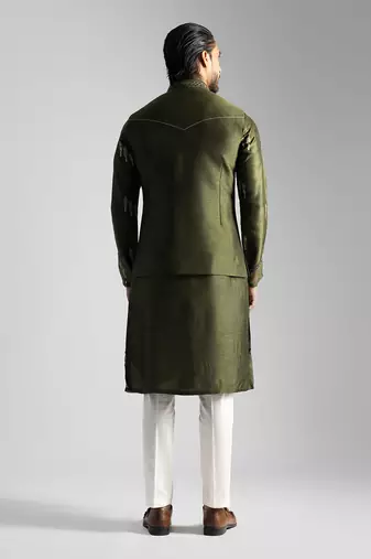 Olive green embroidered nehru jacket