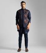 Navy Blue Velvet Multicolor Thread Embroidered Nehru Jacket