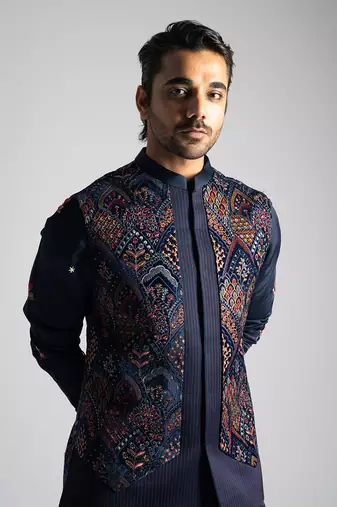 Navy Blue Velvet Multicolor Thread Embroidered Nehru Jacket