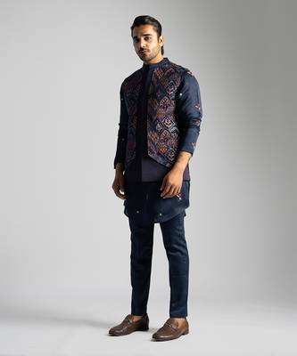 Navy Blue Velvet Multicolor Thread Embroidered Nehru Jacket 3