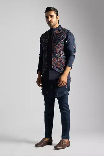 Navy Blue Velvet Multicolor Thread Embroidered Nehru Jacket