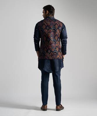 Navy Blue Velvet Multicolor Thread Embroidered Nehru Jacket 4