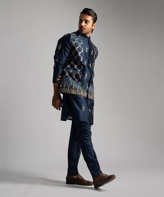 Royal blue chanderi nehru jacket 3