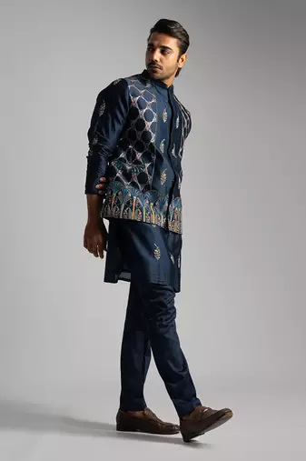 Royal blue chanderi nehru jacket