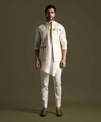 Cream thread work open nehru jacket 1