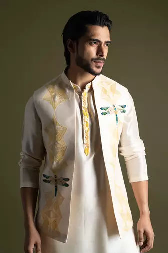 Cream thread work open nehru jacket