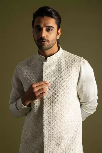 Grey linen satin embroidered nehru jacket