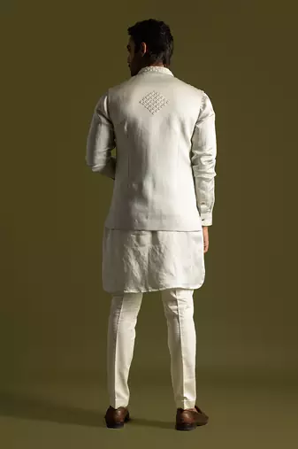 Grey linen satin embroidered nehru jacket