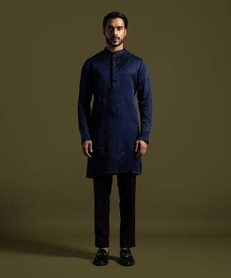 Navy blue linen satin kurta with slim fit pants 1
